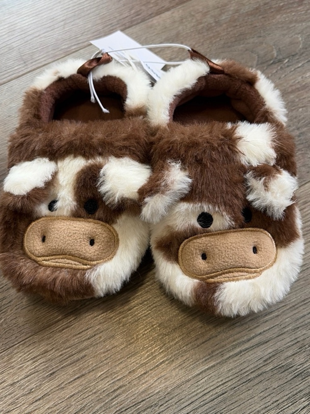 Old Navy Brown and Cream Cow Plush Kids Slippers